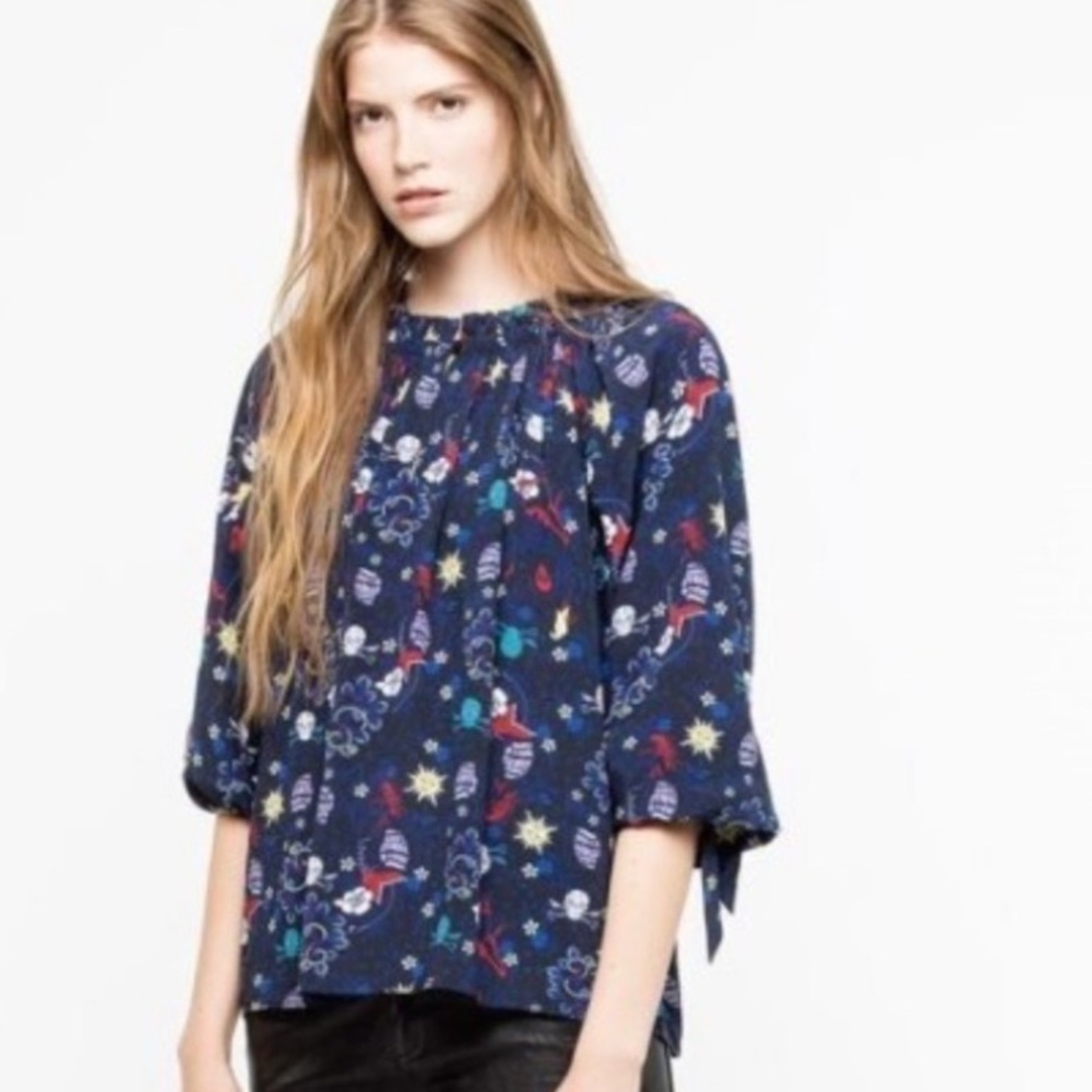 ZADIG & VOLTAIRE SKULL BOHO THERESA PRINT TATOO PIRATE BLUE RELAXED FIT TOP XS
